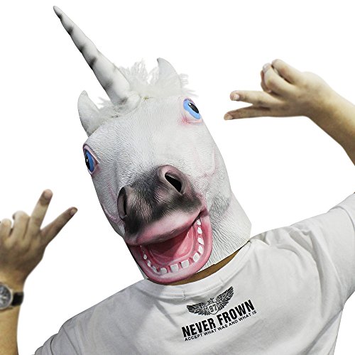 Weiß Einhorn Kopf Maske, Cusfull Einhornmaske Einhorn Latex Fasching Knopf Maske Vollmaske Tiermaske für Halloween Cosplay Kostüm - 5