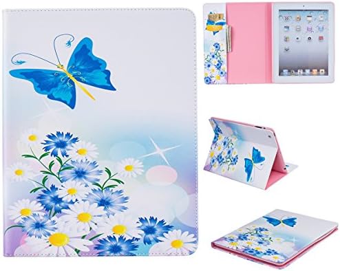 iPad 4 Case, iPad 3 Case, iPad 2 Case - Kio Ultra Slim PU Leather Case Cover [Card Slots] with Stand Flip Cover Shell Colorful Painting Protective Case for Apple iPad 4 / iPad 3 / iPad 2 (Butterfly&amp;Daisy)