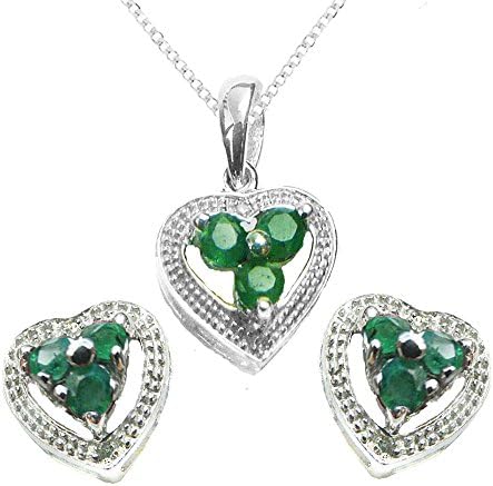 925 Sterling Silver Real Emerald and Diamond Heart Gift Set, Pendant, Earrings, Chain - Gift Boxed for your true love