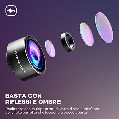 Lenti Smartphone VAVA Obbiettivi Smartphone Super Grandangolare 0.36X, Macro 15X e Lente Fisheye, Placca Posteriore Riflettente per i Selfie, Compatibile con iPhone 7, 6, 6S, 6S Plus, Samsung, ecc