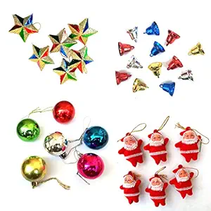 Urvi Creations Christmas Xmas Tree Decoration 36 Pcs Star, Bells Mini Santa ,Multi Balls Combo Set Hanging Ornaments for Xmas Christmas Party Decor