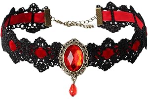 JUSTUSNX Collar de encaje negro con colgante de cristal, collar de terciopelo vintage, collar gótico de flores huecas, joyería de Halloween, accesorios para mujeres y niñas