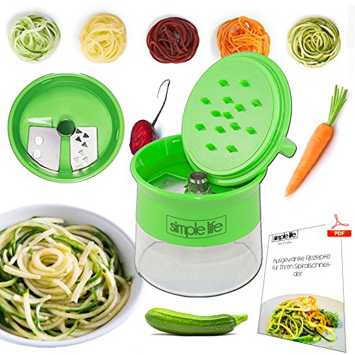 Spiralschneider von simple life™ mit Rezeptsammlung - der Gemüseschneider als Küchenhelfer für Gemüsespaghetti, Zucchini, Gurken, Karotten, Rettiche und Süßkartofeln - mit Edelstahl-Klinge als Julienne Schneider