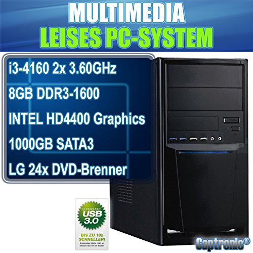 Captronic® (i3-4160-8GB-HD4400-1TB) DualCore Silent Multimedia Office PC Front USB 3.0 INTEL Core i3-4160 2x 3,60GHz Haswell Refresh | KINGSTON 8GB DDR3-1600 | 24x DVD-Brenner | 1000GB HDD SATA3 | Intel HD 4400 HDMI/DVI/VGA | 6x USB 3.0 | CardReader | 7.1 Sound | GigabitLAN | Design Gehäuse Schwarz - 2