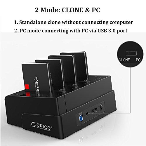 ORICO 6648US3-C 4 Bay USB 3.0 SATA I/II/III HDD Clone Festplattendockingstation – 1 zu 3 Klonfunktion für 2,5 und 3,5 Zoll Festplatten und SSDs – bis zu 4x8TB (=32TB) Speicherkapazität – ABS-Material Schwarze Farbe - 6