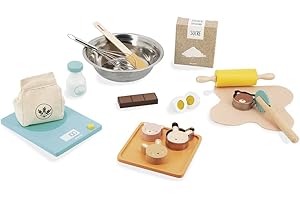 Janod - Il Mio Set da Pasticcere - Giocattolo di Imitazione Cucina e Ristorante - 19 Accessori in Legno e Feltro - Certificato FSC - Vernice ad Acqua - Dai 3 Anni, J06618