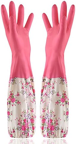 Cleaing Gloves long Sleeve Waterproof Protective Washing Dishes Washing Housework Gloves Rubber Household Home Kitchen Gardening Washing Household Gloves Plus Velvet Thick Warm Latex Gloves (Pink)