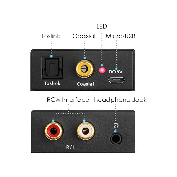 Snxiwth 192kHz Audio Konverter Wandler Digital (Toslink und Koaxial) zu Analog (Cinch) Noise Reduction Design Digital zu Analog Audiowandler Decoder mit Netzteil und Toslinkkabel - Schwarz – Bild 3