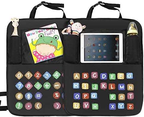Car Kick Mats Auto Back Seat Organiser Universal Seat Upholstery Protector - Organiser Pockets with iPad Holder Unique ABC&amp;123 Design for Kids Early Education - Heavy Duty Kick and Stain Protection