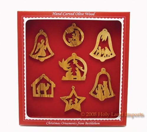 Holy Land Imports Olive Wood Christmas Ornaments- Set Of 7 - Nativity Story