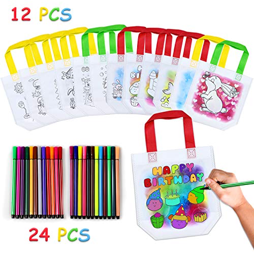 Yojoloin 12 Pcs Sacs à Colorier & 24 Couleurs Stylo, DIY Sac de Peinture des Enfants Doodle Sac Graffiti de Animal Idéal ,pour des Cadeaux de fête d'anniversaire, des écoles, des Arts, etc.