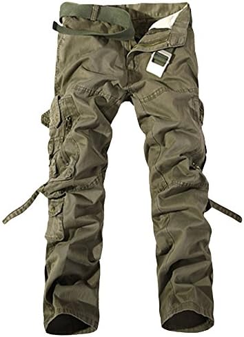 Mens Casual Solid Color Cargo Pants Loose Work Wear Multi-Pocket Trousers Army Green 34
