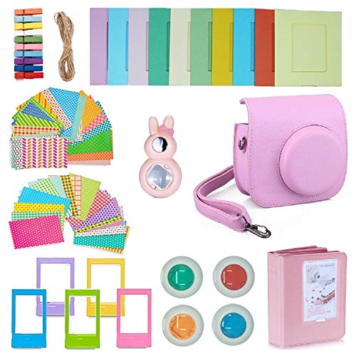 FollowSun 9 in 1 Sofortbildkameras Zubehör Kit für Fujifilm Instax Mini 8 8+ 9 beinhältet Kamera Tasche (Rosa)/Album/Selfie Lense/Farbige Filter/Fotos Frame/Wand hängen Bilder/Border-Aufkleber