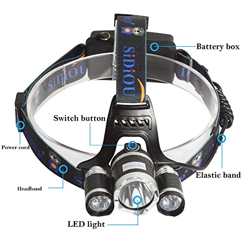 Sidiou Group 30W 5000 Lumen 3x Cree XM-L T6 Led Kopflampe / Stirnlampe, Wasserdicht Wiederaufladbare 3-Birnen High Power Zoom Scheinwerfer für Camping Angeln Radfahren Rennen Gehen Mit 2 x 3,7 V 3000mAh 18650 Akku Und Ladegerät - 4