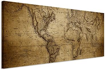 150 x 50 cm Wall Picture Panoramic Photo Canvas Picture in Sepia Vintage World Map 1814