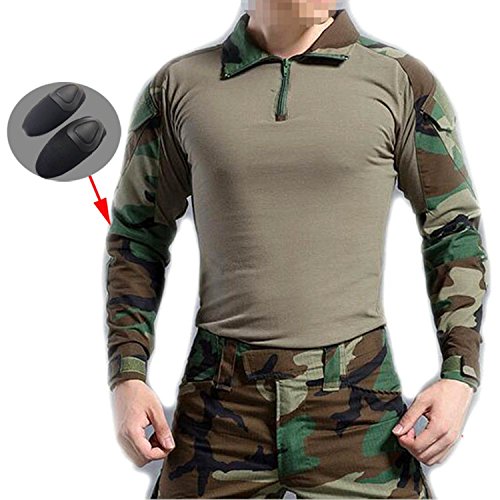 WorldShopping4U Hommes BDU Tournage Combat Manche Longue Camo Chemise avec Coude Coussinet Woodland Camo pour Militaire Armée Airsoft (WL, XXL)
