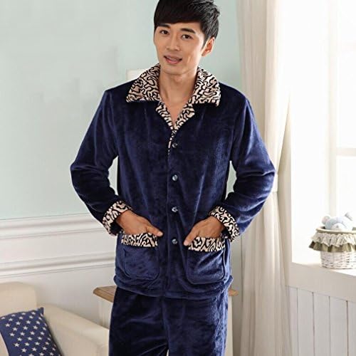 Bathrobes Lady Gentlemen Sleepwear Long Sleeves Pajama Set With Pants Adults Cardigan Nightclothes Long-sleeved Sexy Home Nightshirt Adults Shawl Bath Robe ( Color : Dark blue/male , Size : XL )