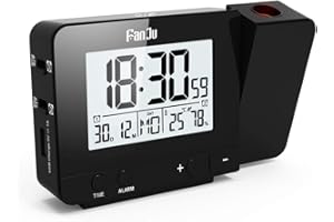 FanJu FJ3531B Digital Projektionswecker mit Temperatur und Zeit-Projektion,USB-Anschluss,Innentemperatur und Luftfeuchtigkeit DCF automatische Zeitanpassung Kalender