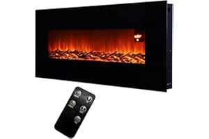 FIDOOVIVIA 50"/128cm Electric Fireplace, Media Wall Fireplace with 5 Brightness LED Flame Effect & Remote Control, Electric Wall Mount Fireplace with Black Flat Glass, 900W/1800W Heater