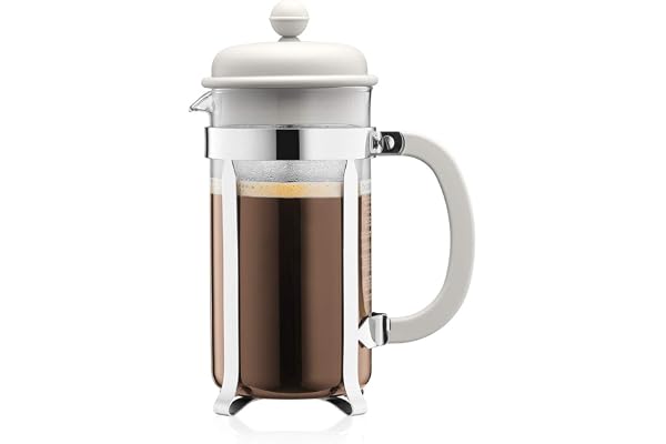 Bodum Caffettiera Cafetière à Piston Blanc – 1L / 8 Tasses – Verre Robuste & Filtre Inox Réutilisable – Sans BPA – Compatible Lave-Vaisselle – Fabriquée au Portugal