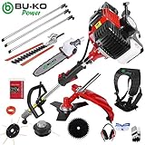 BU-KO 52cc Outil de Jardin Fonctionnel Multi-Essence Longue portée: Taille-haie, tronçonneuse pour sécateur, débroussailleuse avec Ligne de Coupe-Bordure de 2,4 mm d'épaisseur et Perche d'extension
