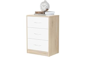 DORMIDAN- Mesita de Noche 3 cajones, mesita habitacion, 39 x 57 x 28cm (Roble cajón Blanco)