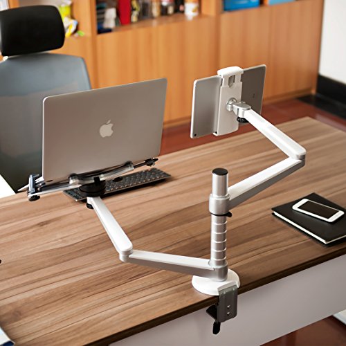 Thingy Club Verstellbare Aluminium-Universal-Halterung für 2 Laptops / Notebooks & Computer-Monitore, Tischhalterung mit Klemme, neigbar, schwenkbar, 2 Haltearme - 3