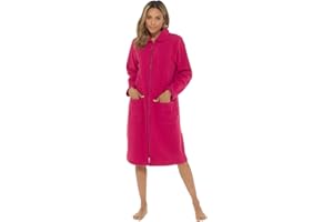 Undercover Ladies' Soft Fleece Zip Dressing Gown with Satin Trim, Zipped Robe UK 10-28, Rose, Purple, Blue, Lilac & Pink