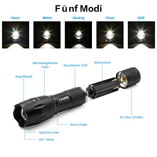 Lunaoo 1000 Lumen LED Taschenlampe, Superhelle Zoombare HandLampe mit Einstellbaren Fokus und 5 Leuchtmodi für Fahrradfahren Camping Außen Outdoor Haushalt Büro usw. - 2