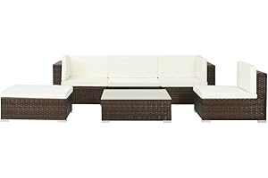 Festnight Conjunto de Jardín de Ratán, Muebles de Jardín Exterior 5 Plazas, Combinación Versátil Conjuntos de Sofas Exteriors con Cojíns, Conjunto de Terraza o Balcón con Mesa de Vidrio,Marrón