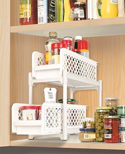 Double Sliding Cabinet Basket Kitchen Pull Out Baskets Portable Storage Drawers-White