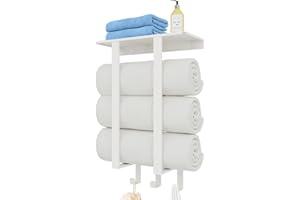 Towel Racks Wall Mounted, BETHOM Towel Rack with Shelf & 3 Hooks, Bathroom Towel Rack Can Storage 3 Large Bath Towels(160x100cm), White