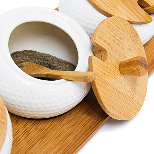 Relaxdays Gewürzhalter JIAO aus Keramik und Bambus H x B x T: ca. 8,5 x 30,5 x 12 cm Gewürzdosen mit Deckel und Halter als Gewürzständer und Dipschalen für den Tisch inklusive passender Löffel, natur - 8