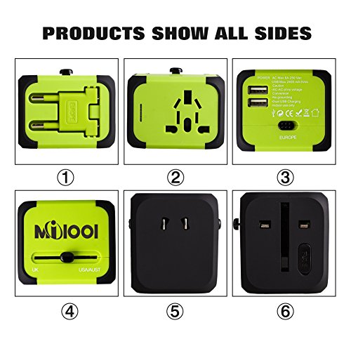 Milool universellen Reise-Adapter mit Doppel USB-Ports aus 150 Ländern weltweit US UK EU AU Universal fusionierten Sicherheit AC-in einem Ladegerät(Grün) - 7