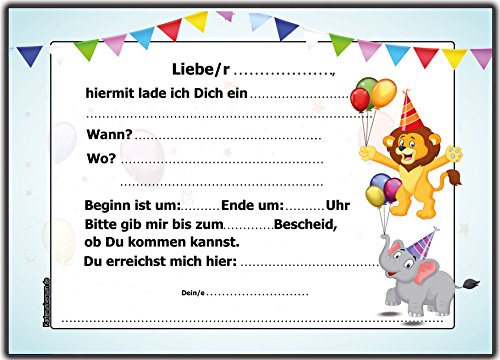 12 Einladungskarten zum Kindergeburtstag wilde-Tiere Geburtstagseinladungen Einladungen Geburtstag Kinder Jungen Mädchen Zoo-Tiere Karten im Set mit Text Löwe Giraffe Elefant Party Luftballons zoo - 2