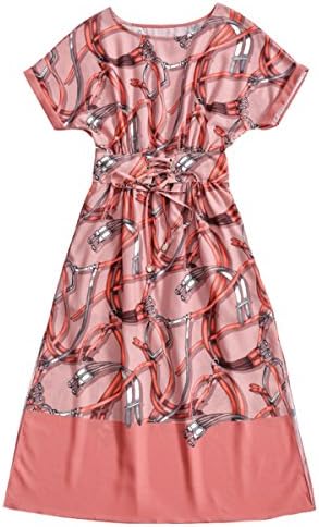 Women Self-cultivation High Waist Long Section Chiffon Pink Waist Dress,Multi-colored-L