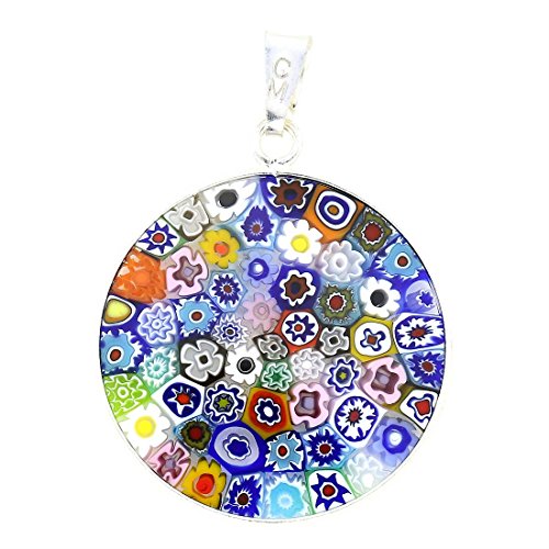 Glass Of VeniceMurano Glass Millefiori Pendant Multicolor in Silver Frame 7/8"