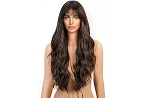 CGVG Perücke Braun mit Highlight Lange Gewellte Perükce mit Pony Charmante Braune Lockenperücke für Damen Frauen Tägliche Gebrauch Verabredung Party Fasching Wig