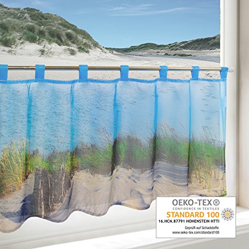 Scheibengardine DÜNE für Küche und Wohnzimmer / Frühling-Sommer Gardine mit maritimen Motiv / 45x120 cm / Moderne transparente Bistrogardine für die Küche