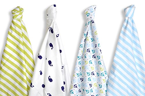 The Swaddle Cotton Company BG41 100 Percent cotton Flannel Baby Receiving Blanket (76 x76 cm, Blue, Green, Nautical and Whale design, Pack of 4)