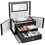 FEMOR Boite a Bijoux Coffret à Bijoux Coffre à Bijoux Boite Bijoux Rétro pour Rangement Bijoux pour Les Filles Bagues Boucles d'oreilles Colliers Montre en PU avec Tiroirs et Miroir