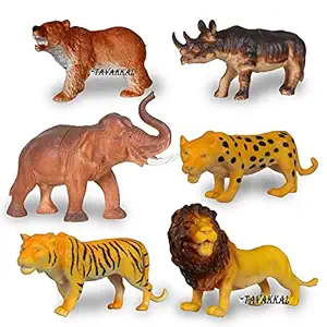 Tec Tavakkal Set of 6 Big Size Full Action Toy Figure Jungle Cartoon Wild Animal Toys Figure Playing Set for Kids Current Animals Bear Rhino Elephant Leopard Tiger Lion Toys for Children