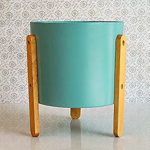Cinagro Modern Round Metal Pot with Wooden Stand for Table, Balcony, Gardening - Planter Pots for Home, Indoor, Living Room, Outdoor (Teal Blue)