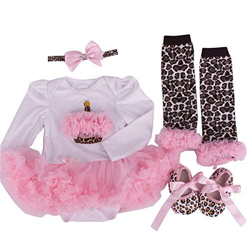 ZOEREA Newborn Baby 4 Pcs Bowknot Headband Hairband + Birthday Cake Romper Tutu Pleated Skirt Dresses + Leopard Print Leg Warmers + Soft Shoes Outfit Clothes for 0-12M Baby Summer Girl Bodysuit