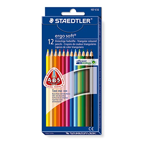 Staedtler Buntstifte ergo soft, erhöhte Bruchfestigkeit, dreikant, Set mit 12 brillanten Farben, ABS-System, rutschfeste Soft-Oberfläche, kindgerecht nach DIN EN71, FSC-Holz, Made in Germany, 157 C12