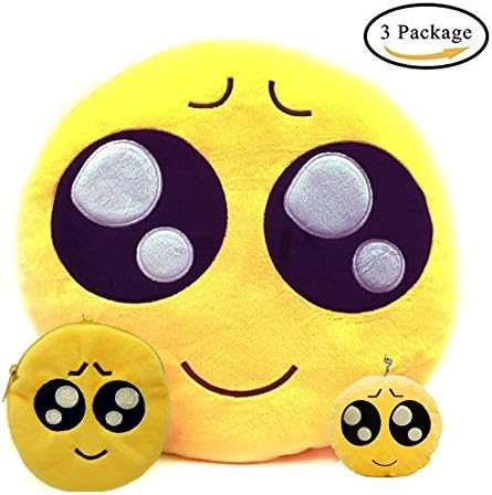 Emoticon Cushion Pillow Key Chain and Coin Purse Yellow Round Emoticon Stuffed Plush Soft Face Doll Toy Decor (Pillow-B)