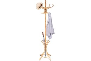 CASART Wood Coat Rack, Freestanding Clothes Stand with 12 Hooks and Umbrella Holder, 186cm Tall Hall Tree for Home Office Hallway Bedroom (Oak)