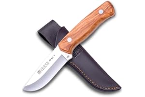 Joker Cuchillo Bushcraft Arrui 9" CO64, hoja de 9 cm, mango de madera de olivo, incluye funda de cuero marrón, Herramienta de pesca, caza, camping y senderismo