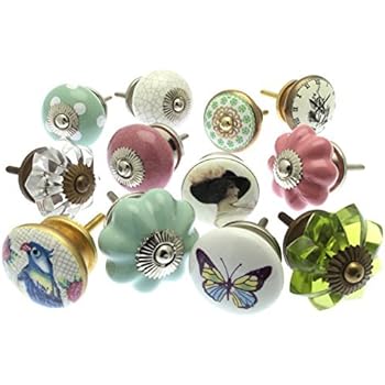 Gemischt Set mit Grün & Rose Pink Glas & Schrankknöpfe aus Keramik x 8