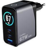 CoolBox USB C Charger Fast Charging 67W GAN, Smart Charger Type C with 3 Ports, 2 USB-C + USB-A, PD/PPS, Compatible with MacB